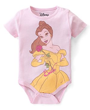 Babyhug Disney Interlock Knit Half Sleeves Onesie with Disney Princess Graphics - Pink