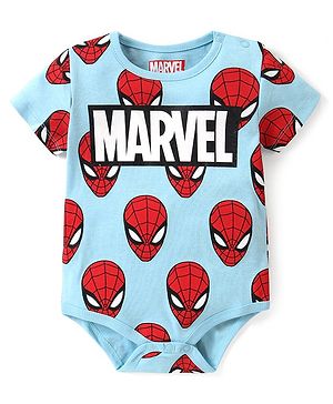 Babyhug Marvel Interlock Knit  Half Sleeves Onesie With Spiderman Print - Blue