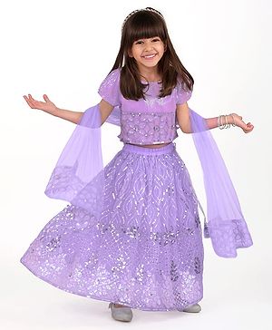 Babyhug Woven Short Sleeves  Net Sequins Embroidered Choli  Lehenga and Dupatta Set-   Lavender