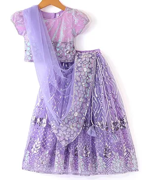 Babyhug Woven Short Sleeves  Net Sequins Embroidered Choli  Lehenga and Dupatta Set-   Lavender