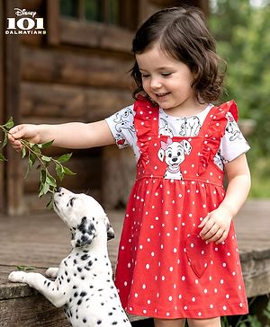 Babyhug Cotton Knit Frock with Half Sleeves T-Shirt & Headband Polka Dot & 101 Dalmatians Print - Red