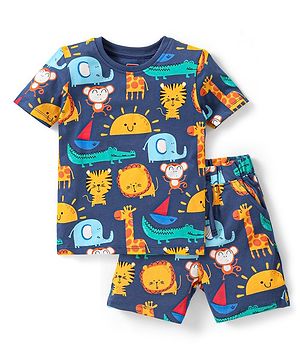Babyhug Single Jersey Knit Half Sleeves Night Suit Animal Print - Navy Blue