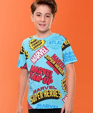 Pine Kids Marvel Single Jersey Half Sleeves T-Shirt with Marvel Text Print - Blue