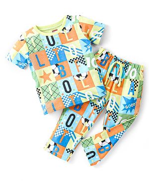 Babyhug Single Jersey Knit Half Sleeves Night Suit Alphabet Print - Green