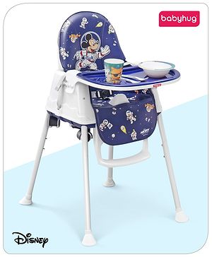 Babyhug Disney Mickey & Friends Space Theme 3 in 1 Comfy High Chair - Blue| High Chair, Feeding Chair & Booster Chair| Adjustable Double Food Tray| Removable PU Leather Seat| Safety Harness| Removable Footrest