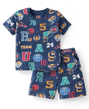 Babyhug Single Jersey Knit Half Sleeves Night Suit Sports Print - Navy Blue