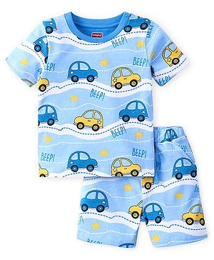 Babyhug Single Jersey Knit Half Sleeves Night Suit Vehicle Print - Blue