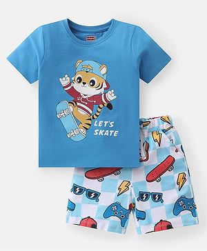 Babyhug Single Jersey Knit Half Sleeves Night Suit Animal Print - Blue