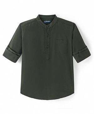 Pine Kids Cotton Woven Full Sleeves Mandarin Collared Solid Colour Shirt - Dark Green