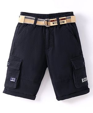 RUFF Cotton Woven Knee Length Solid Jamaican with Belt - Navy