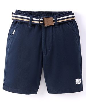 RUFF Cotton Woven Above Knee Length Solid Bermuda with Belt - Navy