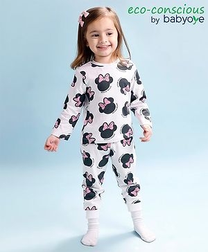 Babyoye Disney Single Jersey Cotton Knit Full Sleeves Night Suit Minnie Mouse Print - White