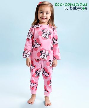 Babyoye Disney Single Jersey Cotton Knit Full Sleeves Night Suit Minnie Mouse Print - Pink