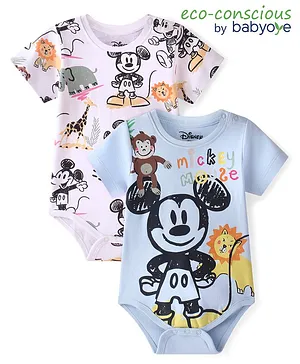 Babyoye Disney Interlock Knit Half Sleeves Onesies With Mickey Mouse Print Pack of 2 - Multicolor