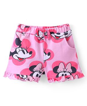 Babyoye Disney Interlock Cotton Above Knee Length Minnie Mouse Printed Shorts with Frills & Bow Detailing - Pink