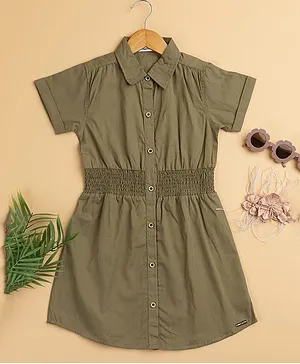 Pampolina Cotton Jersey Half Sleeves Solid Shirt Dress - Olive