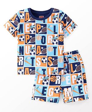 Babyhug Single Jersey Knit Half Sleeves Night Suit Sports Print - Blue