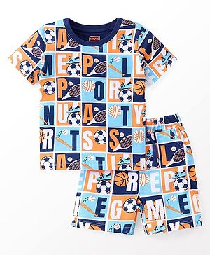 Babyhug Single Jersey Knit Half Sleeves Night Suit Sports Print - Blue