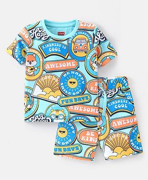Babyhug Single Jersey Knit Half Sleeves Night Suit Slogan Print - Blue