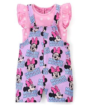 Babyhug Disney 100% Cotton Knit Dungaree With Frill Sleeves Top Minnie Mouse Print - Pink