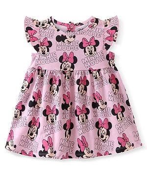 Babyhug Disney Cotton Knit Frill Sleeves Frock With Minnie Mouse Print - Pink
