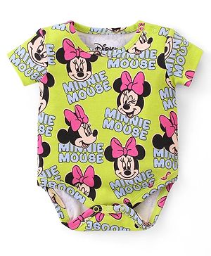 Babyhug Disney Interlock Cotton Knit Half Sleeves Onesie with Minnie Mouse Print - Green