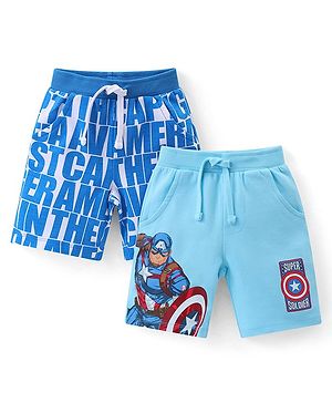 Babyhug Marvel Cotton Knit Shorts With Avengers Graphics Pack Of 2 - Blue