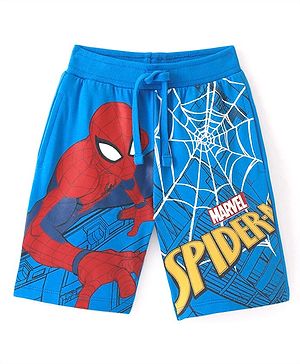 Babyhug Marvel Cotton Terry Knit Shorts with Spiderman Print - Blue