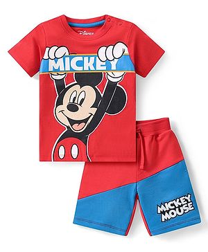Babyhug Disney Single Jersey Knit Half Sleeve T-Shirt and Short Set with Mickey Mouse Graphics- Red & Blue