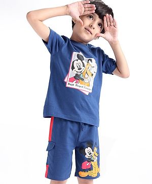 Babyhug Disney Single Jersey Knit Half Sleeves T-Shirt And Shorts Set with Mickey Mouse Graphics - Blue & Red