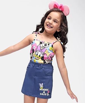 Babyhug Disney Cotton Knit Singlet Sleeves Top & Skirt Set With Minnie Mouse Graphics - Yellow & Navy