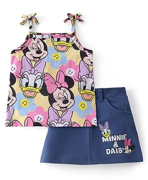 Babyhug Disney Cotton Knit Singlet Sleeves Top & Skirt Set With Minnie Mouse Graphics - Yellow & Navy