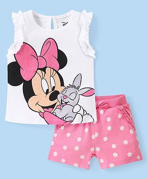 Babyhug Disney Single Jersey Knit  Sleeveless Top &  Shorts Set with Polka Dots & Minnie Mouse Graphics - White & Pink