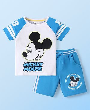 Babyhug Disney Single Jersey Knit Half Sleeves Shirt & Shorts With Mickey Mouse Graphics - White & Blue