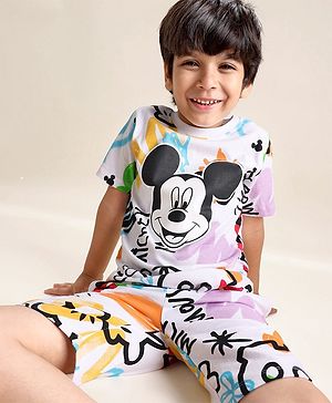 Babyhug Disney Single Jersey Knit Half Sleeves T-Shirt And Shorts Set With Mickey Mouse Graphics - White Purple & Black