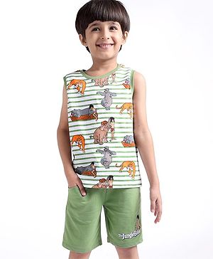 Babyhug Disney Single Jersey Knit Sleeveless T-Shirt And Shorts Set With Jungle Book Print - Green & White