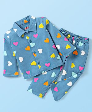 Babyhug Single Jersey Full Sleeves Night Suit Heart Print - Blue