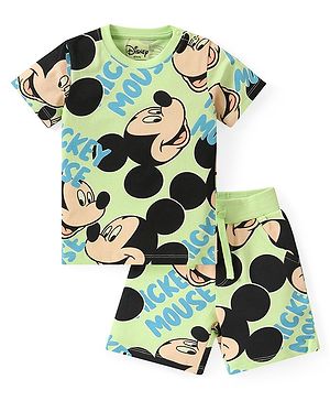 Babyhug Disney Single Jersey Knit Half Sleeves T-Shirt And Shorts With Mickey Mouse Print - Green
