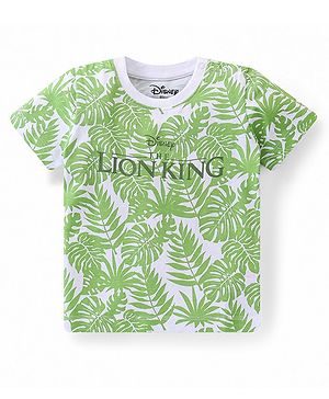 Babyhug Disney Cotton Knit Half Sleeves T-Shirt with Lion King Graphics & Tropical Print - White & Green