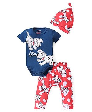 Babyhug Disney Cotton Knit Half Sleeves 101 Dalmatians Graphics Onesie with Leggings & Cap - Multicolour