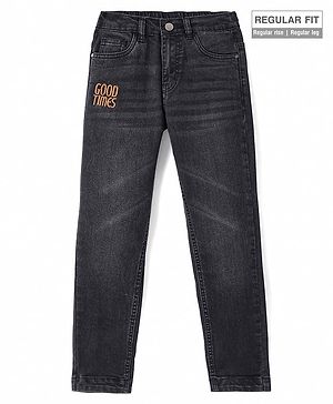 Pine Kids Full Length Washed Denim Jeans with Text Embroidery - Black