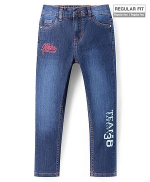 Pine Kids Woven  Full Length Washed Denim Jeans with Text Embroidery & Print - Blue
