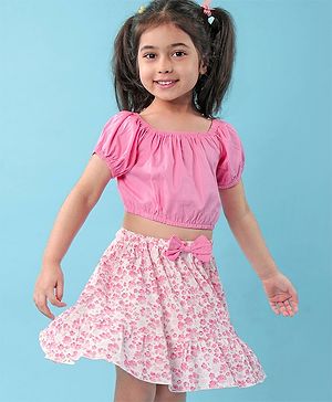 Babyhug Poplin Woven Half Sleeves  Top & Skirt Set with Floral Print - Pink & White