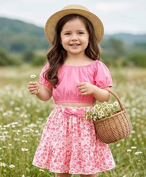 Babyhug Poplin Woven Half Sleeves  Top & Skirt Set with Floral Print - Pink & White