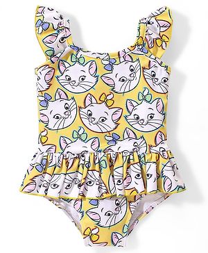 Babyhug Disney Sleeveless Frock Style V Cut Swimsuit With Marie Print - Yellow