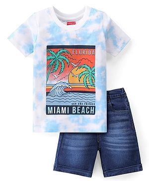 Babyhug Single Jersey Knit Half Sleeves T-Shirt & Denim Shorts Set With Beach Print - Blue
