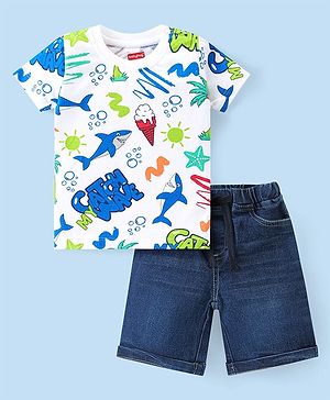 Babyhug Cotton Knit Half Sleeves T-Shirt & Denim Shorts Set With Shark Print - White & Blue