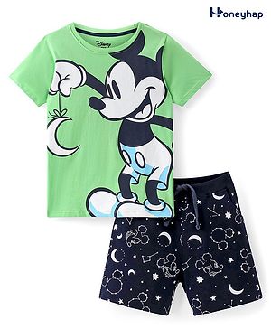 Honeyhap Disney Cotton Knit Half Sleeves Shorts Night Suit With Mickey Mouse Graphics - Light Green