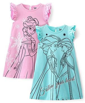 HoneyHap Disney Cotton Knit Frill Sleeves Nighties with Disney Princess Graphics Pack of 2 - Multicolour