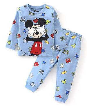 Babyhug Disney Single Jersey Knit Full Sleeves Night Suit with Mickey Mouse Graphics - Light Blue